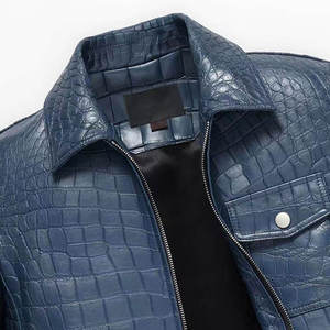 Blouson Bomber Homme en Cuir Véritable Bleu Gaufré à Motifs, Col Rabattu, Fermeture Éclair, Respirant et Écologique - Product Image 6