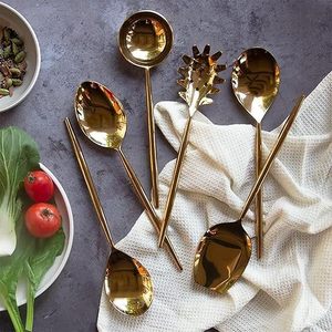 Ensemble de cuillères de service plaquées or, finition miroir, manche long, design glamour pour la cuisine - Product Image 1