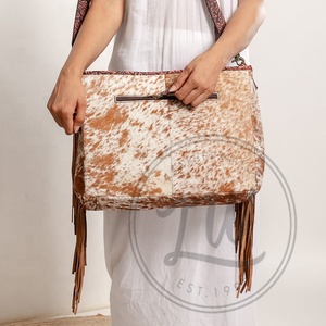 Unique Western Style Tooled Hair On Hide Fur Leather Fringe <b>Tote</b> Bag Women Embossed Color Print Fur Leather Vintage Underarm Bag - Product Image 4