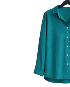 Ensemble deux pièces en lin bleu sarcelle pour femme : chemise à manches longues boutonnée et pantalon large à taille élastique – Tenue décontractée et confortable - Product Image 3