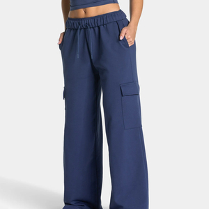 Women's High Waisted Loose <b>Cargo</b> <b>Pants</b> Navy Blue Fleece Drawstring Elastic Waist Full Length Casual Joggers With Utility Pockets - Product Image 3