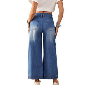 Jean en denim décontracté bleu délavé aux enzymes pour femme, taille haute, coupe ample, jambe large, avec coutures apparentes, poches utilitaires, respirant, séchage rapide, taille XL - Product Image 2