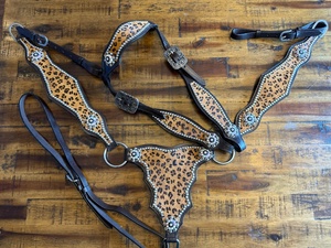 Conjunto de arreos para caballo de cuero natural suave de piel de vaca con estampado de leopardo, cabezada y pechopetral, cómodo, duradero, personalizable y ligero - Product Image 2