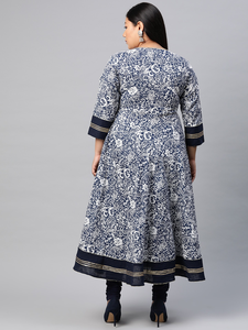 Kurta Anarkali en coton bleu à fleurs pour femmes grandes tailles, col rond, manches trois quarts, confortable, à porter au quotidien - Product Image 4