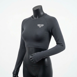 Haut court à manches longues pour femme, col rond, couleur unie, extensible, coupe ajustée, avec trous pour les pouces, idéal pour l'entraînement - Product Image 4