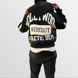 Ensemble de survêtement 2 pièces pour homme en coton, style streetwear imprimé hiver, broderie vieillie, ourlet brut, coupe évasée, sweat à capuche et pantalon de jogging - Product Image 6