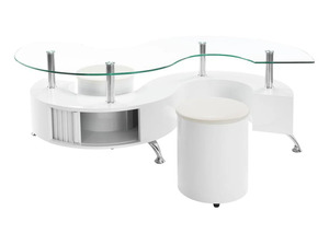 Table basse de luxe en teck massif, moderne, avec plateau en verre trempé blanc en forme de vague, table centrale, tabourets ottoman, villa, hôtel - Product Image 2