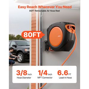 Avvolgitubo Automatico Ibrido da 6,6 Pollici, Retrattile, 3/8 X 80 FT, Alta Pressione 300PSI, Accessorio per Utensili Pneumatici - Product Image 2