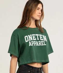T-shirt court vert pour femme Oneten Apparel, manches courtes, épaules tombantes, col rond, imprimé lettres, décontracté - Product Image 1