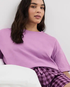 Women's Purple Solid <b>Short</b> Sleeve <b>Top</b> With Plaid <b>Shorts</b> <b>Set</b> O-Neck Loose Fit Casual Spring Summer Wear 100% Cotton - Product Image 2