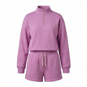 Ensemble en molleton 2 pièces pour femmes, sweat-shirt à demi-zip uni et short au-dessus du genou, coupe ample décontractée, vêtements de printemps et d'été - Product Image 1