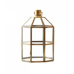 Antique <b>Brass</b> Moroccan Candle <b>Lantern</b> Arch Cutout Frame Clear Glass Panel Hanging <b>Lantern</b> Tabletop Candle Holder Light Lamp - Product Image 2