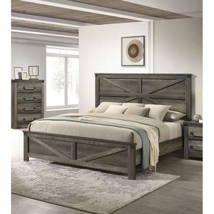 Letto Queen Size Grigio Rustico con Testiera dal Design Unico, Arredamento Semplice in Legno per Camera da Letto con Dettagli in Metallo - Product Image 3