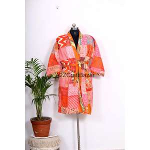 Kimono y Bata de Algodón Puro 100% Hechos a Mano, de Lujo, Vintage, con Estampado Floral Kantha, Cortos, Transpirables y Suaves para Mujer, para Invierno - Product Image 3