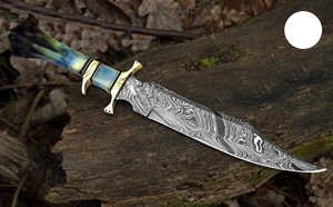 Cuchillo Bowie Recto de Acero de Damasco de Alta Calidad para Caza al Aire Libre, Mango de Hueso de Camello, Guarda de Latón, Logotipo OEM/ODM, Funda de Cuero - Product Image 3