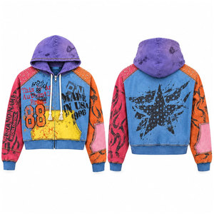 Sudadera con capucha y cremallera para hombre, estilo streetwear, con diseño de patchwork, manga raglán, estilo denim, informal, con estampado, para otoño - Product Image 1