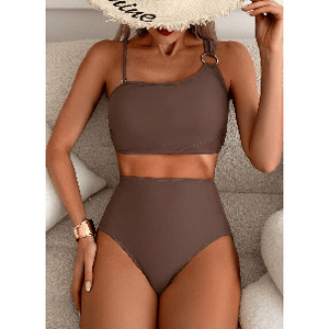 Maillot de bain asymétrique taille haute pour femme avec anneau métallique, ensemble bikini 2 pièces amincissant, tenue de plage - Product Image 1