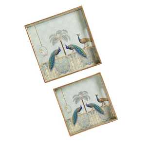 Ensemble de plateaux de service en bois émaillé : Plateau de service décoratif à motif de paon doré, peint à la main, pièce unique, artisanat en bois - Product Image 6