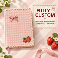 Carnet A5 LABON rose à carreaux brodés de fraises, couverture en tissu mignon avec nœud et dentelle pour filles, école et cadeau
