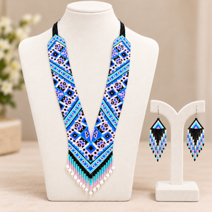 Conjunto de Collar y Aretes con Cuentas de Perlas Geométricas Étnicas, en Azul, Rosa y Negro, Joyería Elegante para Mujer, Ideal para Bodas - Product Image 2