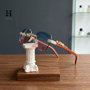 Luxury Rimless Diamond Sunglasses Men Women Gold Panther Charm <b>Wood</b> <b>Temples</b> Gradient Lens Eyewear - Product Image 2