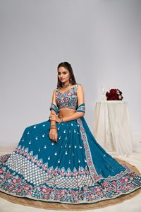 Teal Blue Embroidered <b>Lehenga</b> Choli Net Wedding Dress Set Fox Georgette Festival Outfit With Dupatta - Product Image 4