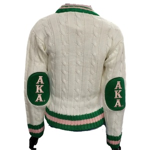 Women's V-Neck Embroidered AK Lambda Sweater Green Pink Stripes Preppy Style Full Sleeve Knitted Pullover Winter Wear - Product Image 2