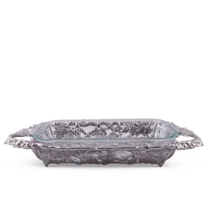 Rectangular Glass Decorative Tray with Floral Metal <b>Frame</b> and Handles Traditional Design for Home Display - Product Image 1