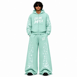 Survêtement unisexe de luxe personnalisé avec logo en strass, en molleton épais, sweat à capuche zippé en coton et pantalon de survêtement large, écologique 2 - Product Image 1