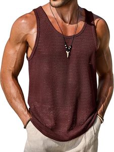 Men's <b>Maroon</b> Knitted Sleeveless Tank <b>Top</b> O-Neck Hollow Out Breathable Casual Vest 100% Polyester - Product Image 2