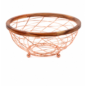 Corbeille à fruits moderne en fil de cuivre avec bord en bois, bol à fruits de comptoir, organisateur de cuisine géométrique, prix de gros - Product Image 1