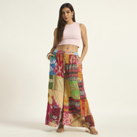 Pantalon Harem Bohème Vintage Patchwork Taille Mi-Haute Coupe Droite Longueur Entière Taille Élastique 100% Coton Écologique pour Femme