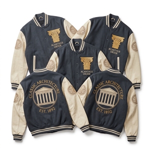 Veste universitaire en gros, corps en laine marron, manches en cuir beige, broderie Global Prime Meridian Longitude, style Letterman - Product Image 3