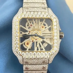 Luxury Men's Square Mechanical <b>Watch</b> Yellow Gold Stainless Steel Bracelet Diamond Encrusted <b>Skeleton</b> Dial Analog ETA Movement - Product Image 1