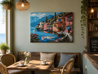 Tableau sur toile Cottage de jardin panoramique, impression village côtier rêveur, taille personnalisée, décoration intérieure