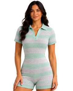 Mono de punto a rayas verde menta y blanco para mujer, manga corta, cuello polo, algodón, informal de verano, de una pieza, ajustado, personalizado - Product Image 1