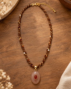 Collar Boho Hecho a Mano con Cordón Trenzado Marrón, Imitación de Perla, Piedra Lunar Color Durazno, para Mujer, Joyería de Moda Personalizada - Product Image 4