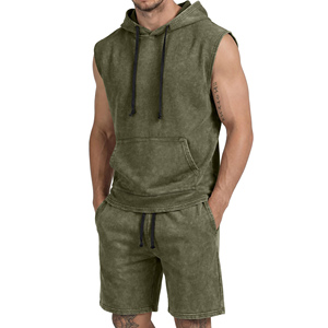 High Quality 100% Cotton Eco-friendly Breathable Acid Wash Short <b>Sets</b> Vintage Washed T-shirt Custom Embroidery Logo Men's <b>Sets</b> - Product Image 1