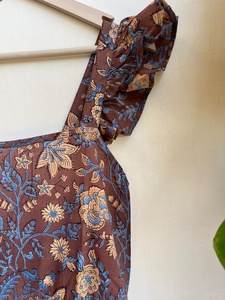 Robe longue en coton indien imprimé à la main, 100% coton, avec broderie florale, col carré, tunique pour femmes - Product Image 3