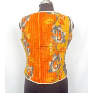 Bohemian Cotton <b>Kantha</b> Printed Short <b>Jacket</b> Handmade Floral Patchwork Sleeveless Artisan Vest Style with v-neckline and pockets - Product Image 4