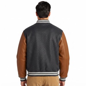 MEYBA SPORTS Men's Dark Gray Woolen Varsity Jacket Polyester Sleeves Stand Collar Single Breasted <b>Covered</b> <b>Button</b> High Street - Product Image 5