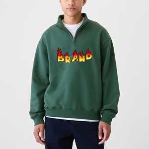 Men's Green Quarter <b>Zip</b> <b>Hooded</b> Sweatshirt Flame Brand Print Casual Fleece 100% Cotton Oversized Fit Autumn Wear - Product Image 1