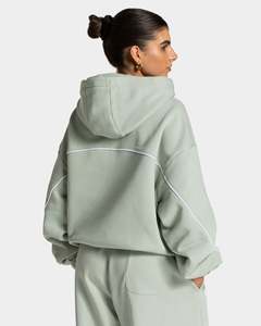 Sudadera con capucha informal oversize para mujer, color pistacho con contraste, de forro polar premium, con ribetes, al por mayor - Product Image 2