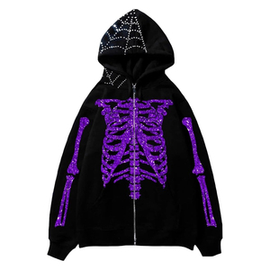 OEM <b>Rhinestone</b> Skeleton Ribcage Hoodie Spider Web 3D <b>Rhinestone</b> Gothic Grunge Harajuku Streetwear Diamond Stud Zipper <b>Jacket</b> - Product Image 5