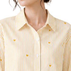 Camisa de Mujer a Rayas Amarillas y Blancas con Botones, Blusa de Algodón de Manga Larga con Bordado de Corazón, Ajuste Holgado, Estilo Casual, Top Oversize - Product Image 5