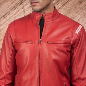 Venta al por mayor de chaquetas de cuero genuino para hombre estilo motorista rojo alto - Product Image 5