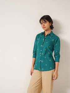 Green Printed Button Down Shirt With Three Quarter Sleeves Turn-down Collar Loose Fit Casual Woven <b>Viscose</b> Cotton Fabric - Product Image 2