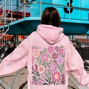 Sudadera con Capucha Gráfica para Mujer, Blanca Sólida, de Forro Polar, con Estampado Floral en la Espalda y Frente, Estilo Casual Relajado para Otoño/Invierno - Product Image 5