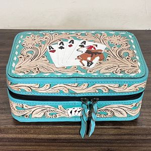 New Arrival Stylish Hand <b>Tooled</b> <b>Leather</b> Jewelry Box Genuine Cow <b>Leather</b> Poker Card Travel Organizer Female Cosmetic Storage Case - Product Image 4