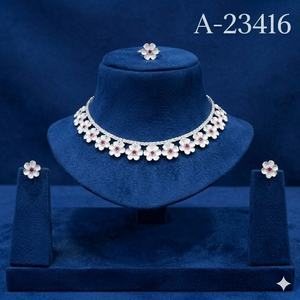 Último conjunto de collar y pendientes florales de aleación de zinc chapado en oro de 24 quilates con circonitas de MOLL JEWELLERS, estilo indio, certificado para fiesta, para mujer - Product Image 1